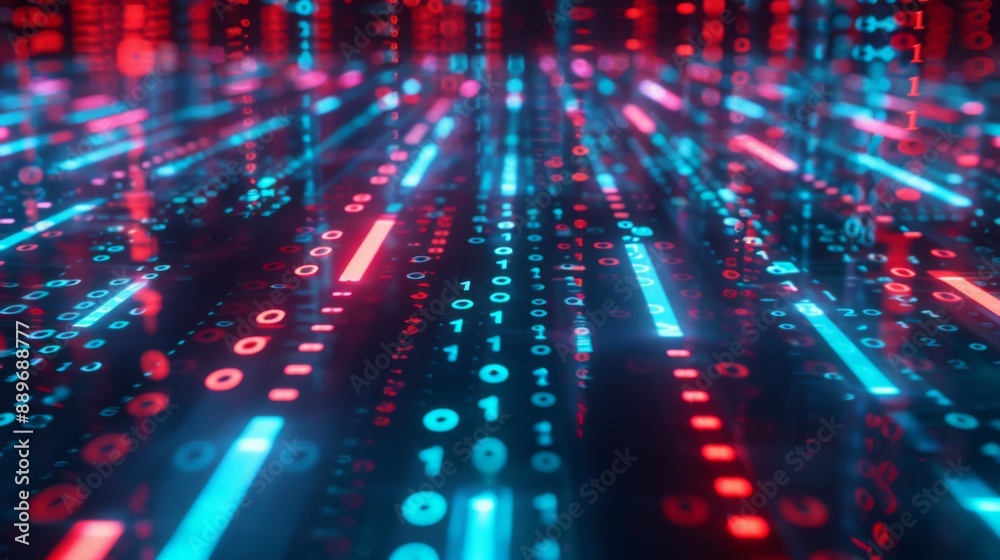 Poster A digital abstract of binary code lines in red and blue colors on a dark background.