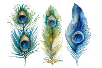 Obraz premium Peacock feather watercolor illustrations collection