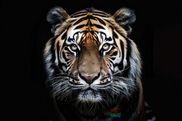 Fototapeta premium Extreme close-up of a tiger's expression against a dark backdrop