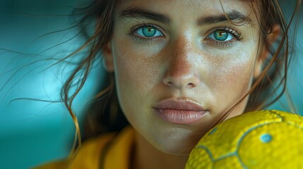 Close up of a female handball player throwing the ball. Intense Portrait of Athletic Woman with Green Eyes Holding a Yellow Ball with Copy Space