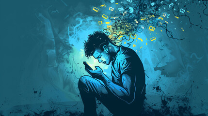 Artistic representation of a man or teen addicted to his phone, social media obsession, doom scrolling, landscape format 16:9 with copy space
