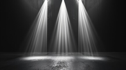 Dark background, three white light beams shining down on the ground, black floor Generative AI