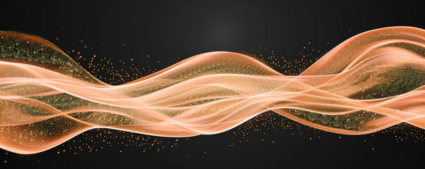 Depict an abstract wave line in peach with a golden glitter effect on a black background. Utilize flat, emerald colors and simple shapes with smooth edges and corners, resembling a sleek logo design.