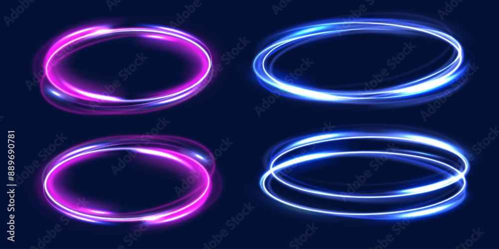 Aufkleber set of neon blurry light circles at motion . vector swirl trail effect. abstract vector fire circles