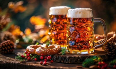Oktoberfest Celebration with Beer and Pretzels in Munich, Germany