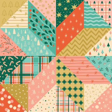 Christmas patchwork seamless pattern. Winter holiday quilt background, cozy vector print. Hand drawn New Year season decorative textile design. Quilting block patchwork for cozy Christmas time plaid.