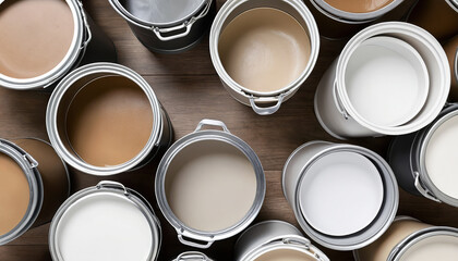 cans of beige, grey, white, brown, dark brown and neutral colours paints top view
