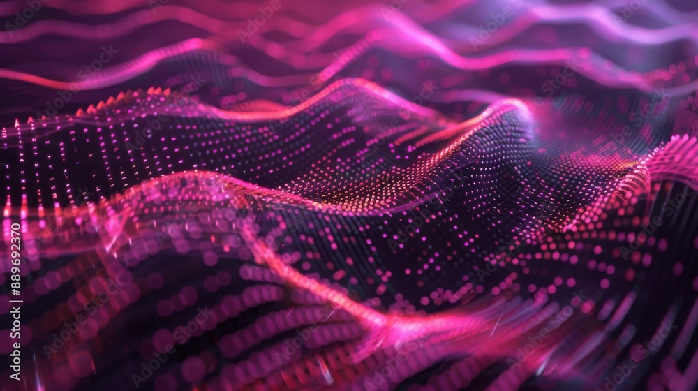 Aufkleber a digital abstract pattern of pink light waves against a dark background.