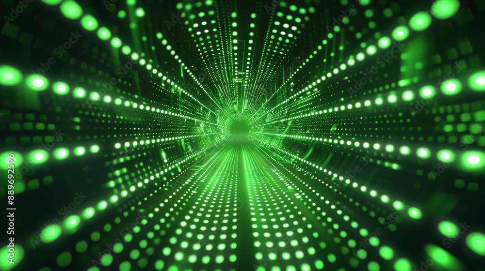 Poster A digital tunnel with a green light grid pattern. The lights create a sense of depth and perspective, leading the viewer toward a distant, unseen destination.