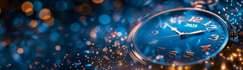 New Year's Eve celebration background with 2025 clock and festive bokeh lights
