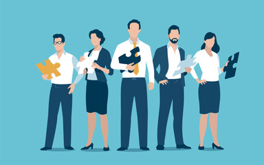 Obraz premium Offering solutions. We bring solutions. Leader and his team holding puzzle elements. Business concept vector illustration.