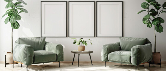 Recharge your senses with a trio of plush sage green sofa chrs, pred with a charming little plant, and a blank empty white frame adding elegance to a simple, unembellished wall.