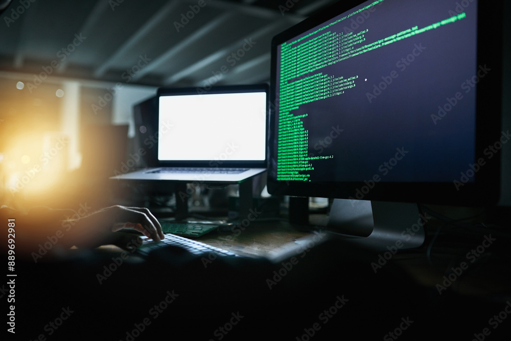 Poster hacker, night and person on computer coding for malware virus, online banking fraud and identity the