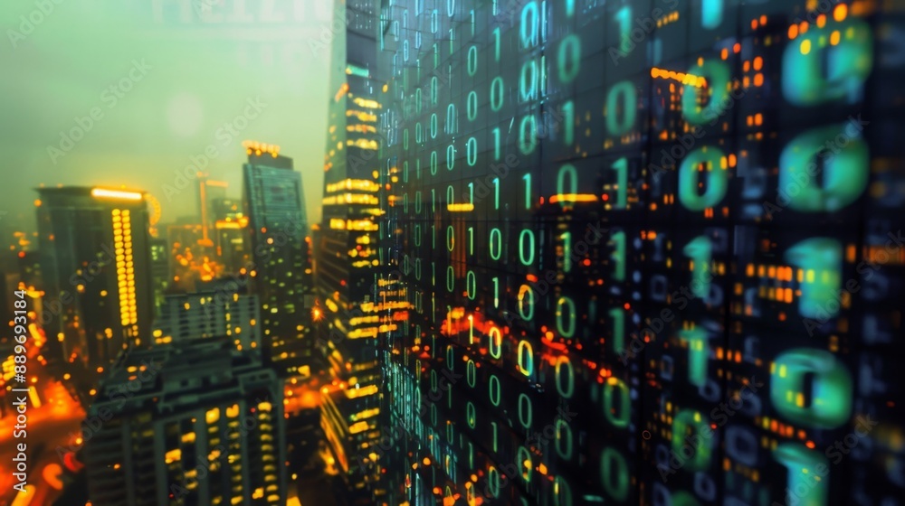 Poster A high-angle view of a city at night, with tall buildings lit up and a screen displaying binary code in the foreground.