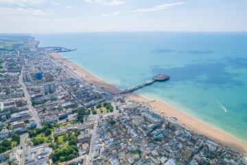 Amazing place to travel in UK, seaside town, Brighton, Sussex. Aerial panoramic view