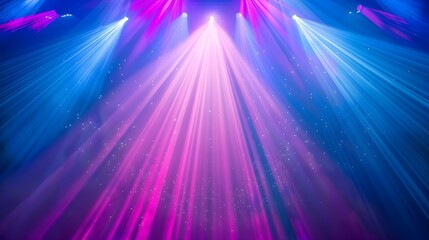 Stage lighting with lens flare effect, neon blue, pink, and violet illumination and sparkling star beams.