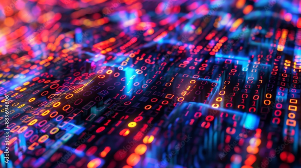 Aufkleber A close-up of a digital background with binary code illuminated by vibrant blue, red, and yellow lights. The code appears to be flowing and shifting in an abstract pattern.