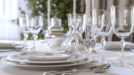 Elegant dining setup with fine china, crystal glasses, and silverware on a clean white tablecloth. 32k, full ultra HD, high resolution
