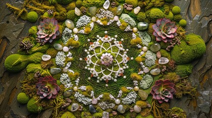 A living moss mandala, carefully crafted with symmetrical patterns and a variety of moss types, stones and crystals.