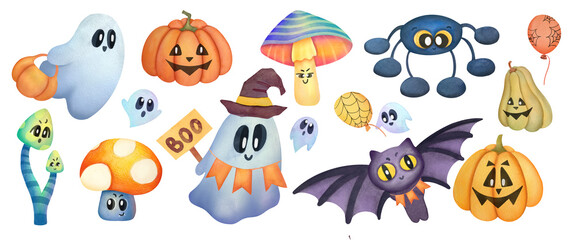 watercolor cute ghosts, pumpkins, mushroom, spider and bat illustrations set. funny halloween emoticons characters collection. clip art and cut our elements isolated on transparent background