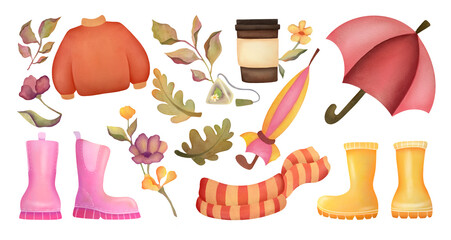 watercolor autumn set with warm cozy clothes, umbrellas, rubber boots, cup of coffee, tea bag, falling leaves and dried flowers. hand drawn illustrations collection isolated on transparent background
