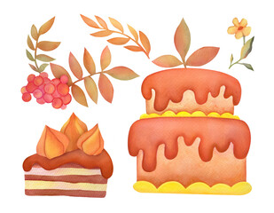 autumn desserts and leaves watercolor illustrations set isolated on transparent background. Fall season elements for scrapbook, poster, invitation, sticker. clip art and cut out
