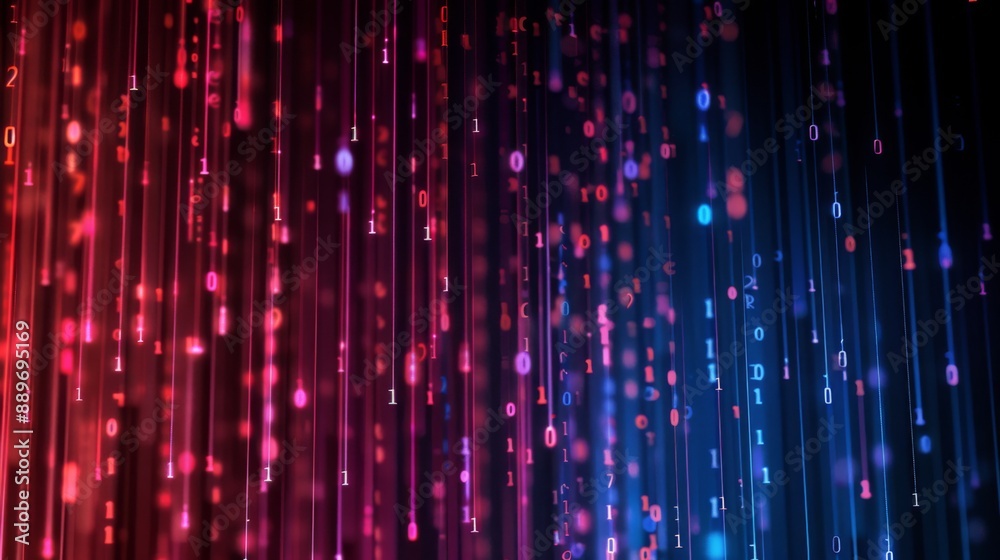 Poster Binary code falls in lines of red and blue light, resembling rain on a dark background.