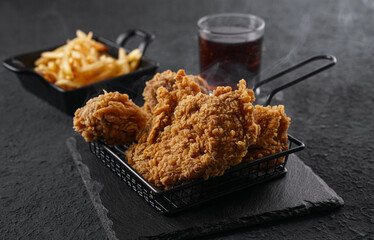 Fried Chicken breast hot crispy strips crunchy chicken tenders three pieces isolated on color background