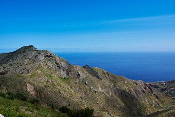 Risco Amogoje Taganana Tenerife Spain View from the top of Playa de Benijo to the Atlantic Ocean and mountains with sharp ridges