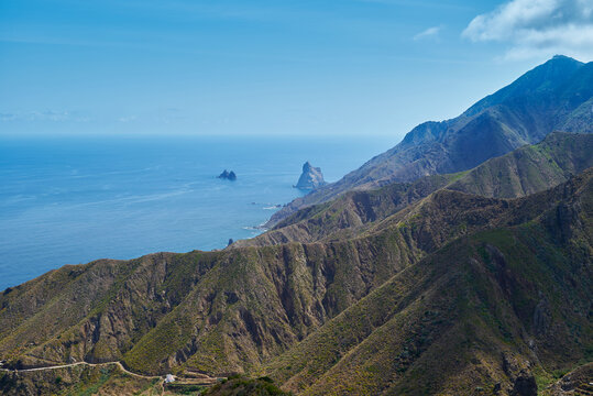Risco Amogoje Taganana Tenerife Spain View from the top of Playa de Benijo to the Atlantic Ocean and mountains with sharp ridges