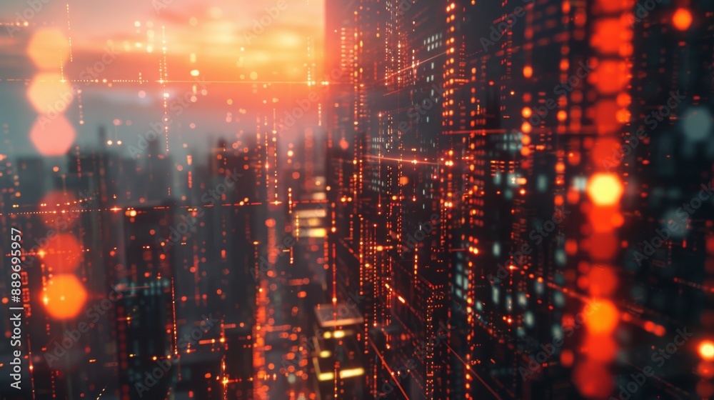 Poster a digital rendering of a futuristic city at sunset. the city is illuminated by red lights, creating 