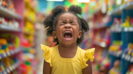 Black toddler girl shouting and crying standing at toy store, difficult hysterical child concept