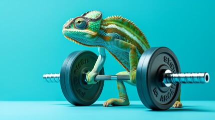 Chameleon bodybuilder lifting heavy weight barbell, exercising on blue studio background, conceptual and funny gym workout concept with copy space