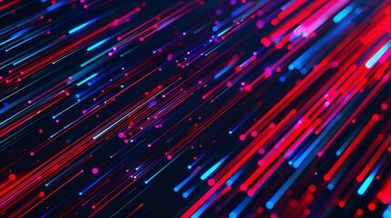 Red and blue lines flow diagonally across a dark background. The lines appear to be made of glowing particles.