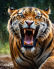 Fototapeta premium Portrait of roaring angry and aggressive tiger