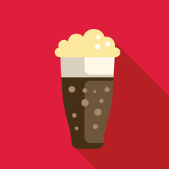 Refreshing dark beer with thick foam in a tall glass standing on a red background