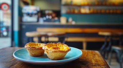 Traditional portuguese dessert, Pastel de nata. Egg tart on a tray in a cafe