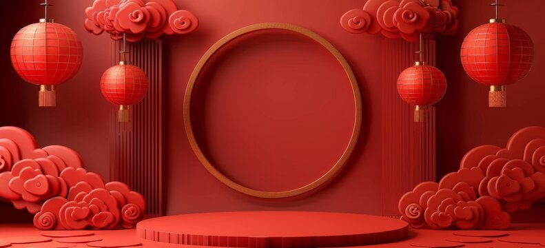 Chinese New Year themed red and gold background with lanterns and circular frame
