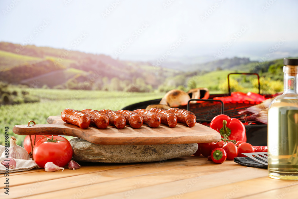 Sticker wooden garden table and grilled sausages and vegetables in summer time concept and copy space for fo