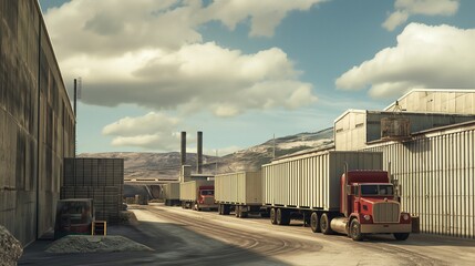 Obraz premium modern logistics center, light Industrial building and warehouse with trucks