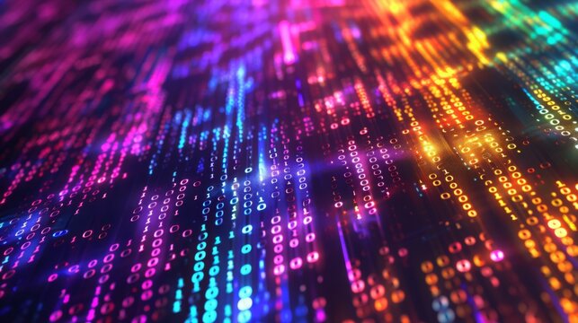 A colorful digital rain of binary code streams down, illuminating the background with vibrant neon hues.