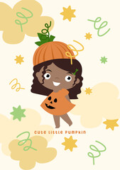 Happy Halloween cards with girl in carnival pumpkin costume for halloween party. Vector illustration with Halloween kids