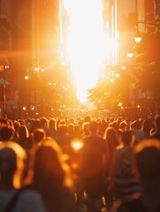 A crowd of people walking down a street at sunset