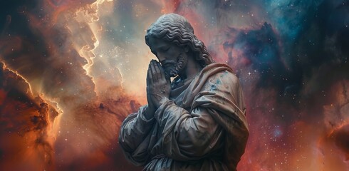 A Stone Figure Praying Before A Cosmic Nebula