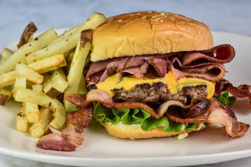 roast beef  bacon cheese burger with frie