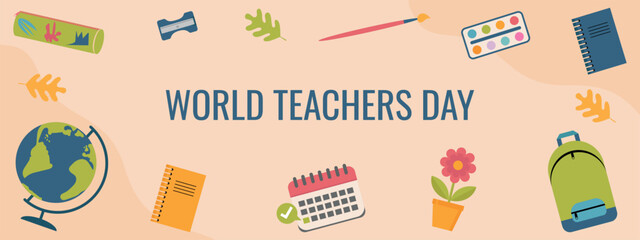 World Teachers Day. Vector illustration with stationery, globe, backpack on a beige background.