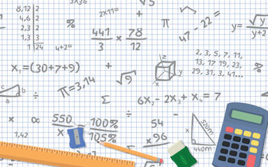 Math Design Layout - Calculator, Pencil, Sharpener, Eraser and Ruler on Squared Paper Sheet with Mathematical Accounts and Symbols Background. Rectangle Shape.