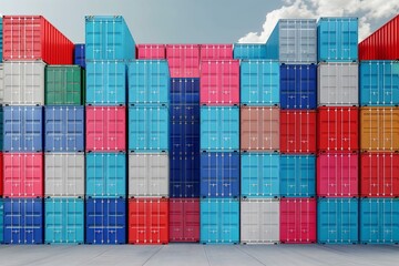 A row of blue and red containers stacked on top of each other