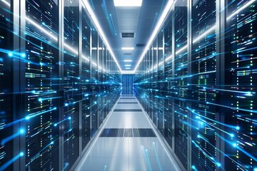 A computer server room with a blue light effect. The room is filled with rows of servers and the lights are on