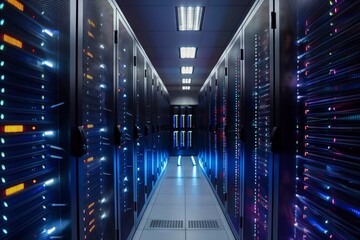 A long hallway with many computer servers. The servers are lit up and the lights are on. Scene is bright and energetic